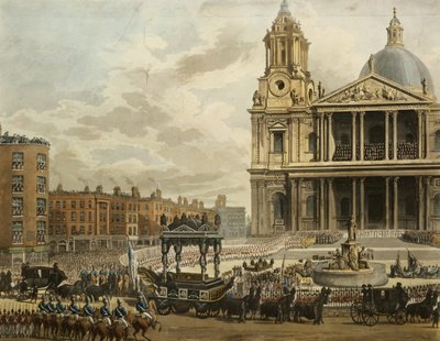 1806年1月9日、アドミラルティからセントポールズまでのネルソン子爵後期の葬列。 1806（アクアチント） 作： Augustus Charles Pugin